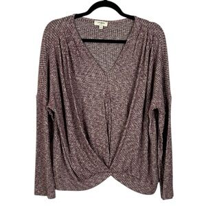 Umgee Cotton Blend Oversized Twist Front Long Sleeve V Neck Sweater Small Purple